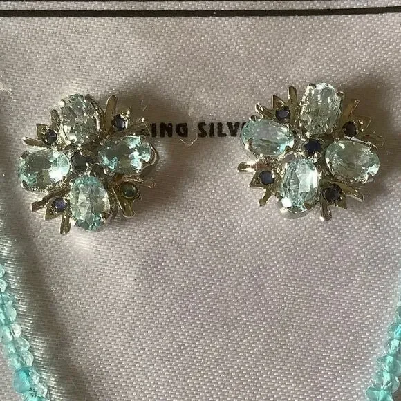 𝅺STERLING SILVER 925 BLUE TOPAZ AMETHYST PERIDOT NECKLACE/EARRINGS SET​​